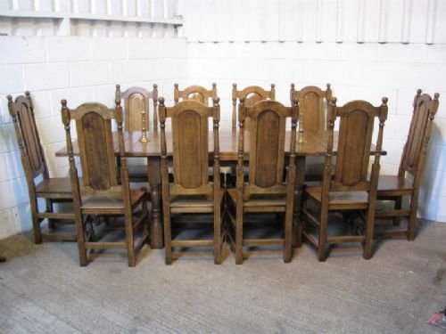 Solid Oak Jacobean Style 10 Seat Extending Dining Table & Chairs