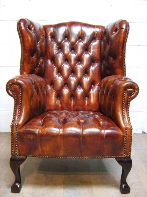 Superb Georgian Style Tan Leather Hide Full Button Down Chesterfield Wing Chair