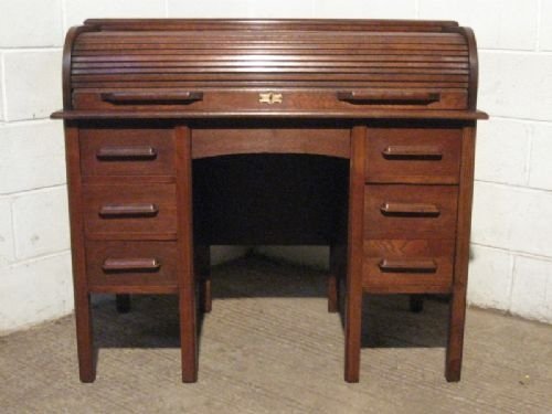 Superb Quality Antique Edwardian Solid Oak Tambor Roll Top Kneehole Desk C1900