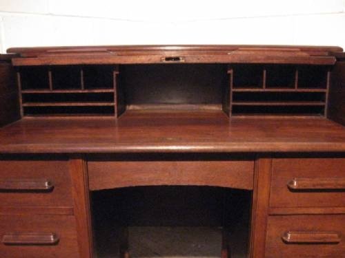 fig 1. SUPERB QUALITY ANTIQUE EDWARDIAN SOLID OAK TAMBOR ROLL TOP KNEEHOLE DESK C1900