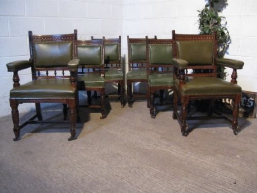 Antique Set Six Victorian Oak & Leather Dining Chairs C1880