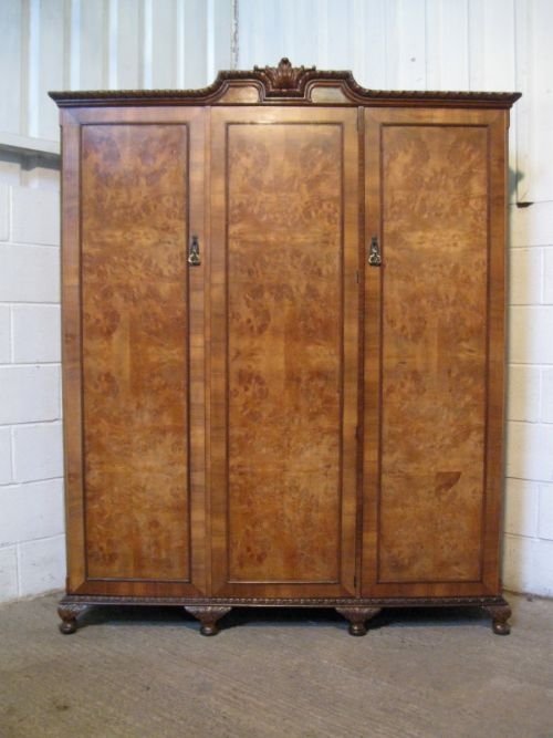 Antique Edwardian Burr Walnut Triple Wardrobe Armoire C1900