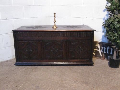 Antique Early Victorian Carved Oak Coffer C1850