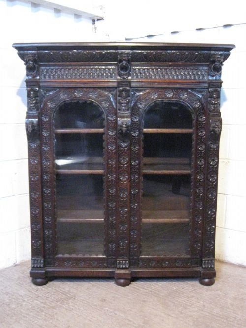 Stunning Antique Victorian Gothic Carved Oak Bookcase Cabinet C1880