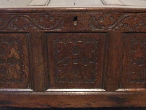 fig 1. 17TH CENTURY JAMES 11 CARVED COUNTRY OAK COFFER C1680