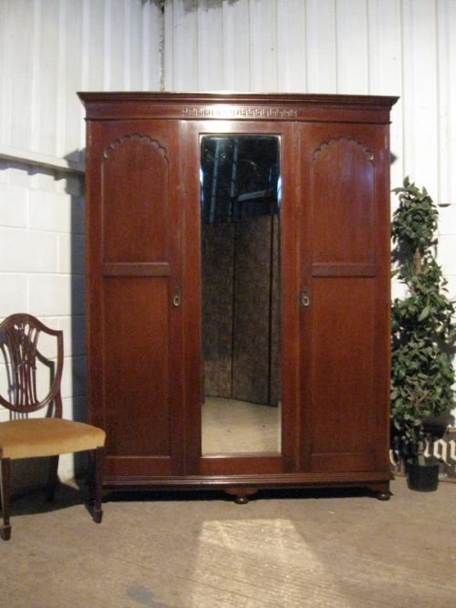 fig 1. ANTIQUE EDWARDIAN MAHOGANY SMALL TRIPLE WARDROBE ARMOIRE C1900