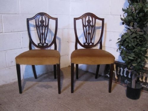 Pair Antique Edwardian Sheraton Mahogany Shield Back Side Dining Chairs C1900
