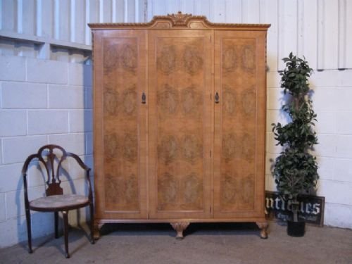 Antique French Blonde Burr Walnut Triple Wardrobe Armoire