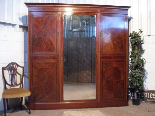 fig 1. SUPERB QUALITY ANTIQUE EDWARDIAN INLAID MAHOGANY TRIPLE WARDROBE ARMOIRE C1900