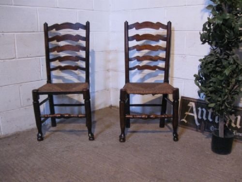Pair Antique Georgian Country Oak Ladder Back Chairs C1780