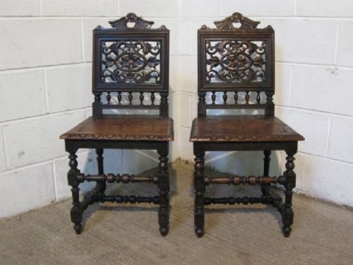 Pair Victorian Carved Oak Hall Side Chairs