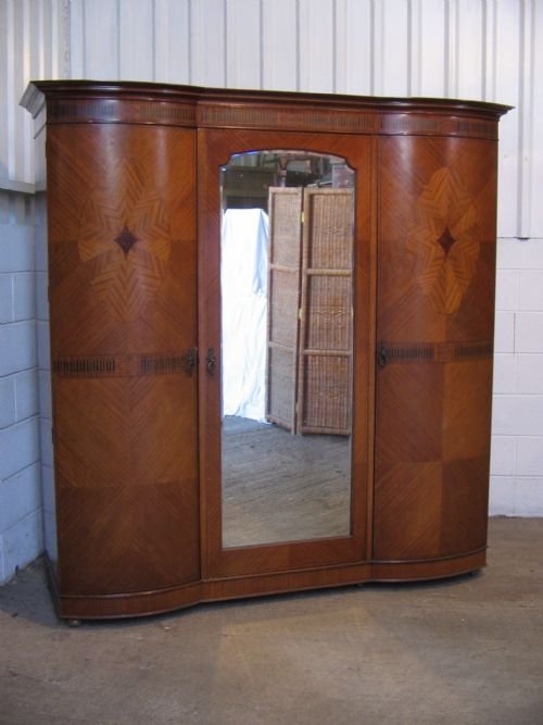 Late Victorian Inlaid Mahogany Bow Front Triple Wardrobe