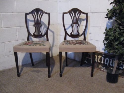 Antique Pair Edwardian Sheraton Shield Back Mahogany Side or Hall Chairs