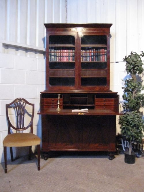 Antique Early Victorian Mahogany Bookcase Secretaire Bureau C1850