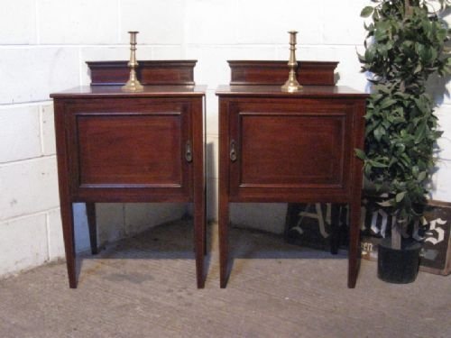 Pair Edwardian Mahogany Inlaid Bedside Cabinets Pot Cupboards C1900