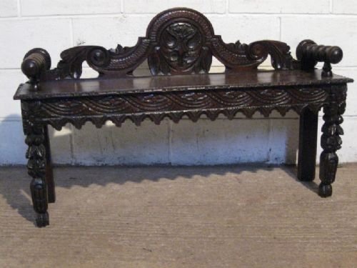 Antique Victorian Gothic Carved Oak Hall Bench C1880