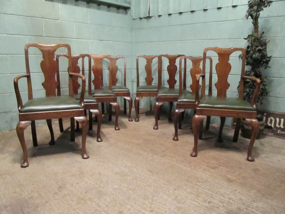 Antique Set Eight Edwardian Oak Queen Anne Style Dining Chairs c1900