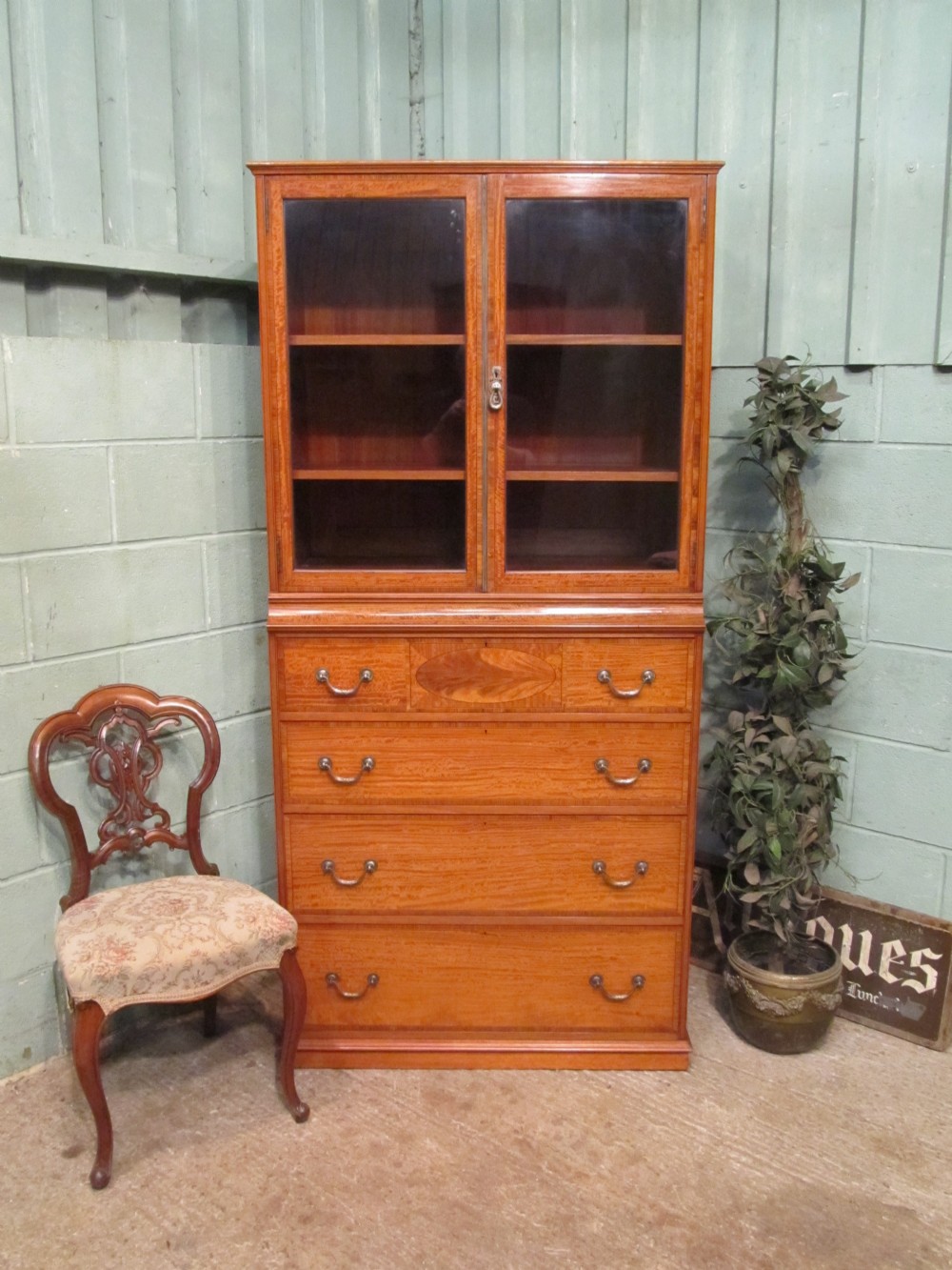 Antique Edwardian Warings Satinwood Bookcase Cabinet