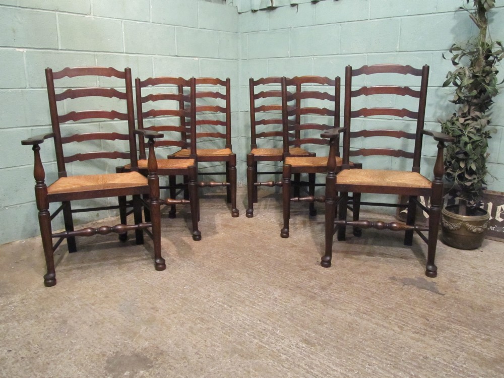 Antique Victorian Set Six Country Oak Ladder Back Dining Chairs c1880