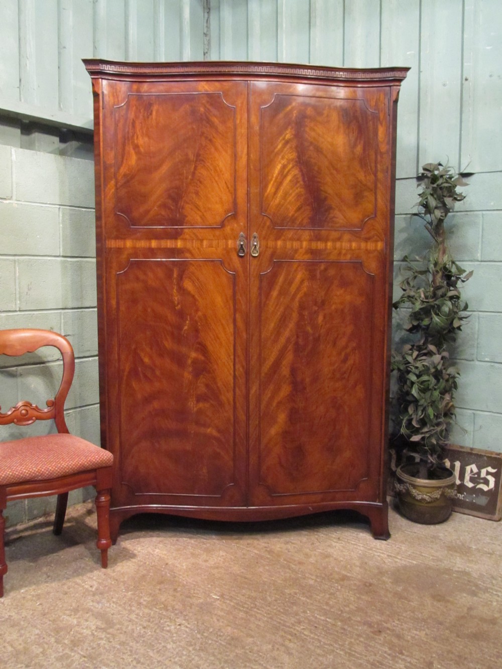 Antique Mahogany Serpentine Fronted Double Wardrobe By Waring & Gillow