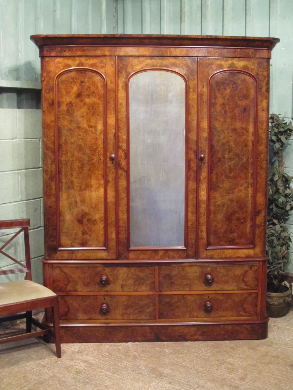 Antique Victorian Burr Walnut Triple Wardrobe c1880