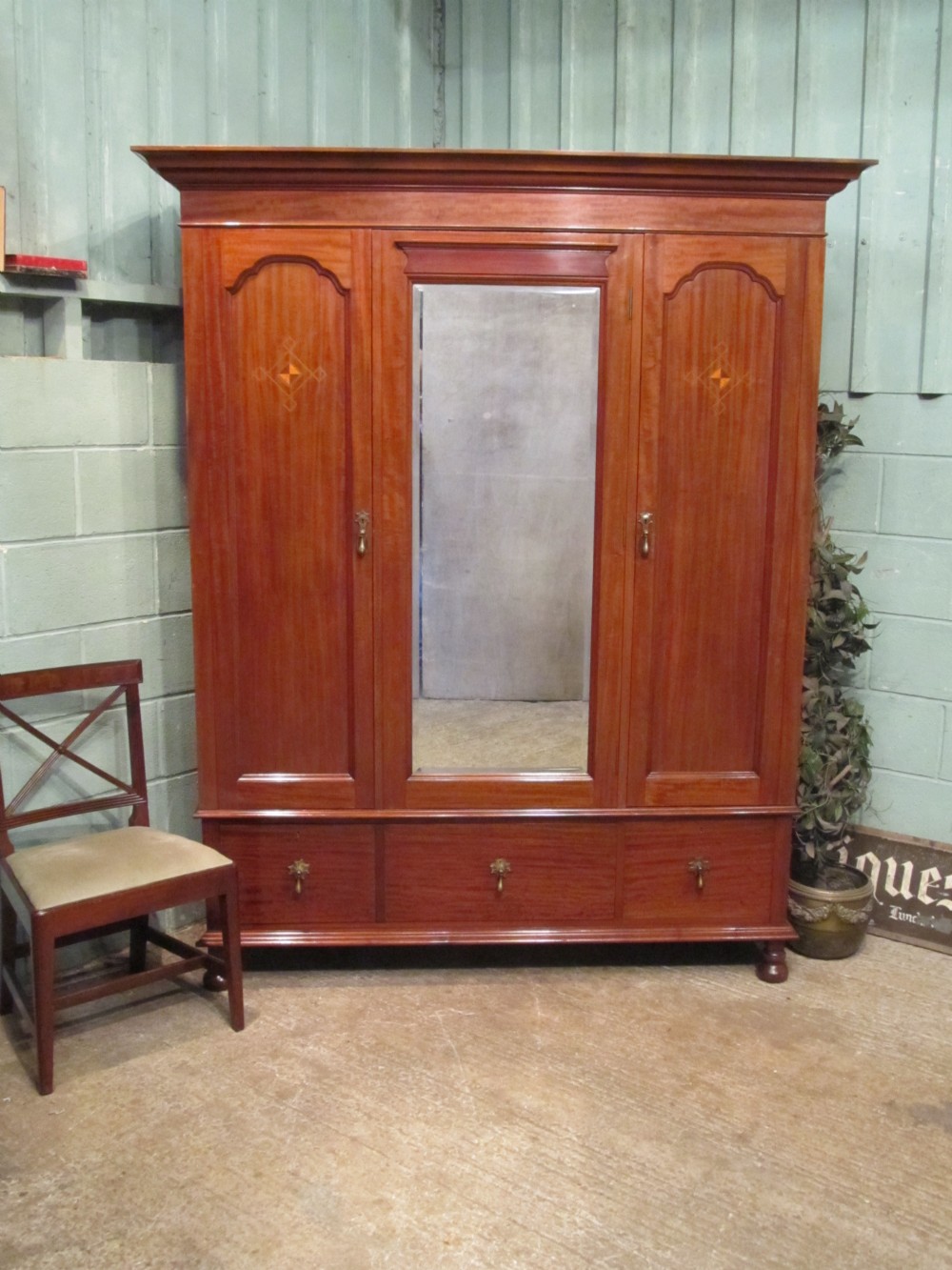 Antique Edwardian Mahogany Triple Wardrobe c1900