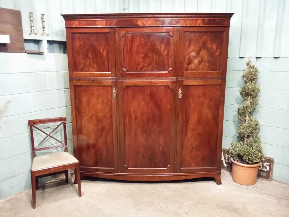 Antique Victorian Mahogany Bowfront Triple Wardrobe c1880