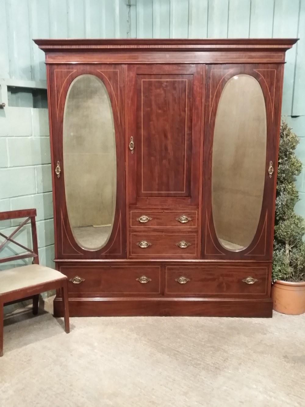 Antique Edwardian Regency Style Mahogany Triple Wardrobe c1900