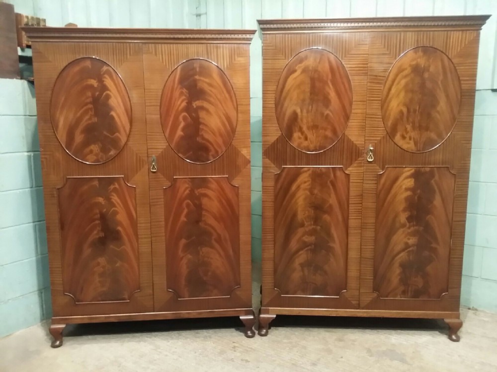 PAIR 1920's LADIES AND GENTS FLAMED MAHOGANY WARDROBES 