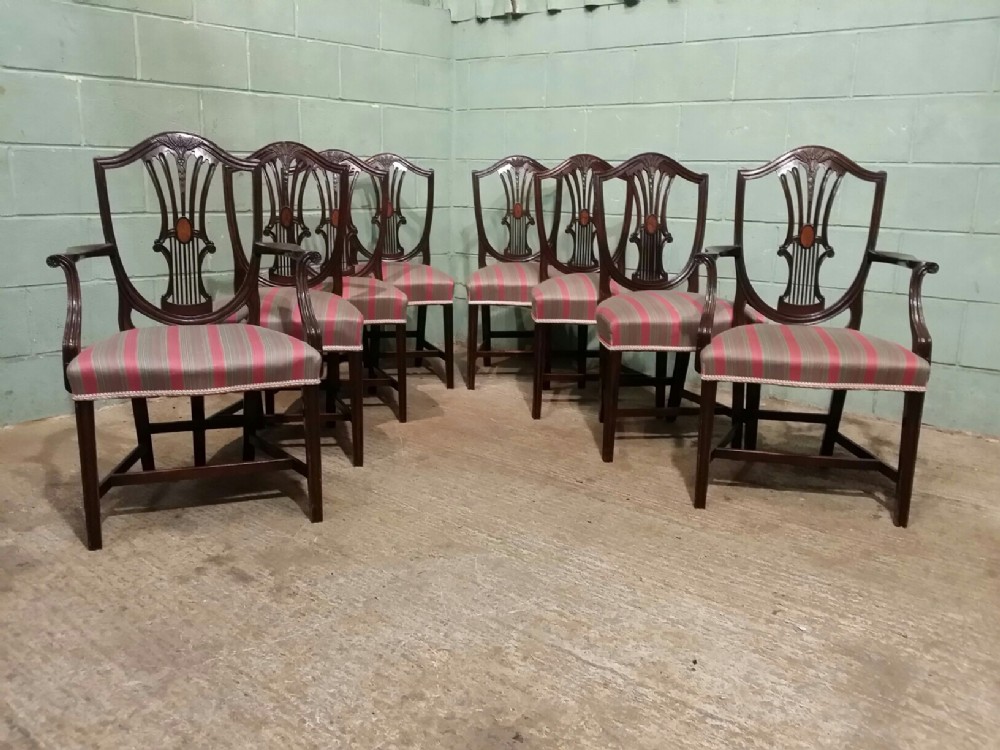 ANTIQUE EDWARDIAN MAHOGANY SET OF EIGHT SHIELD BACK (wheatsheaf design) DINING CHAIRS C1900