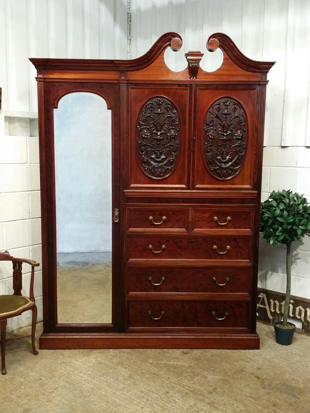 ANTIQUE VICTORIAN MAHOGANY PLUM PUDDING COMBINATION WARDROBE C1880