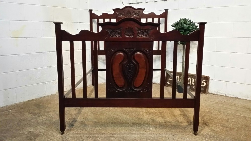 ANTIQUE VICTORIAN ART NOUVEAU MAHOGANY AND WALNUT DOUBLE BED C1890