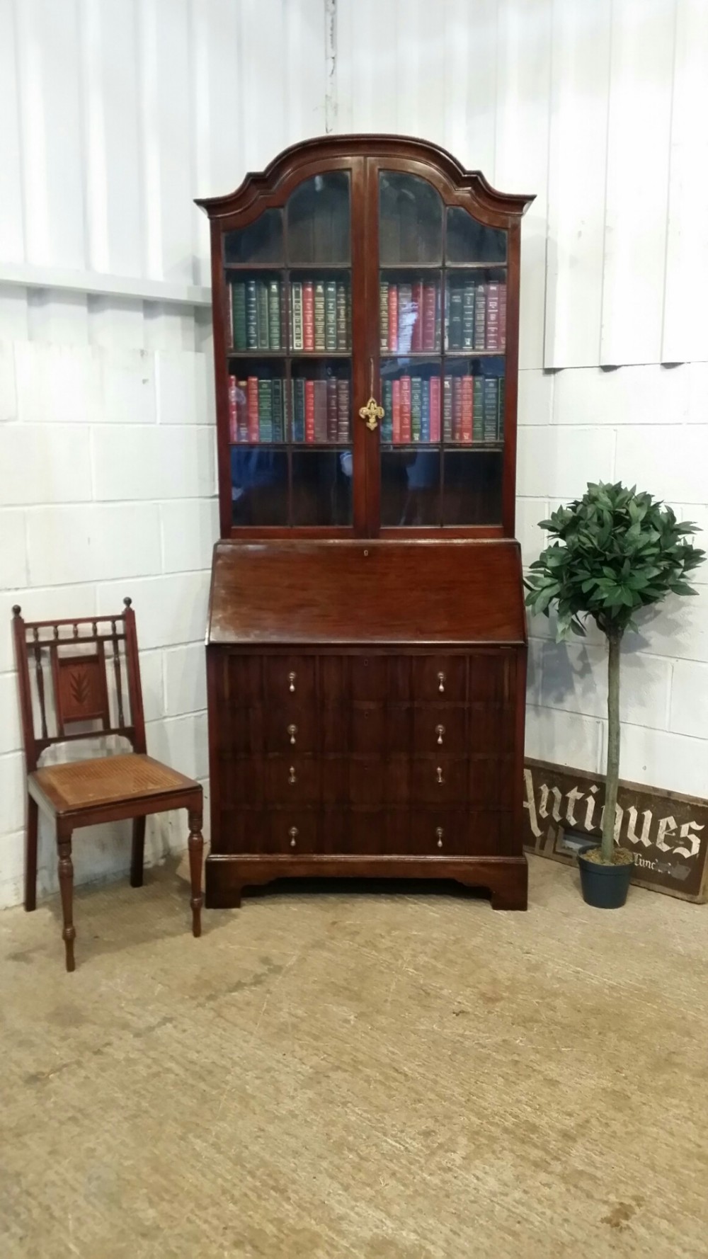 ANTIQUE MAHOGANY SERPENTINE &  GLAZED BUREAU BOOKCASE C1920