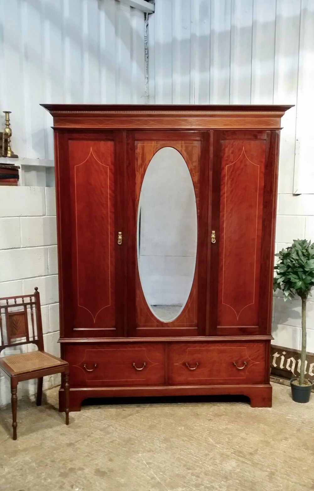 ANTIQUE EDWARDIAN SMALL INLAID MAHOGANY TRIPLE WARDROBE C1900