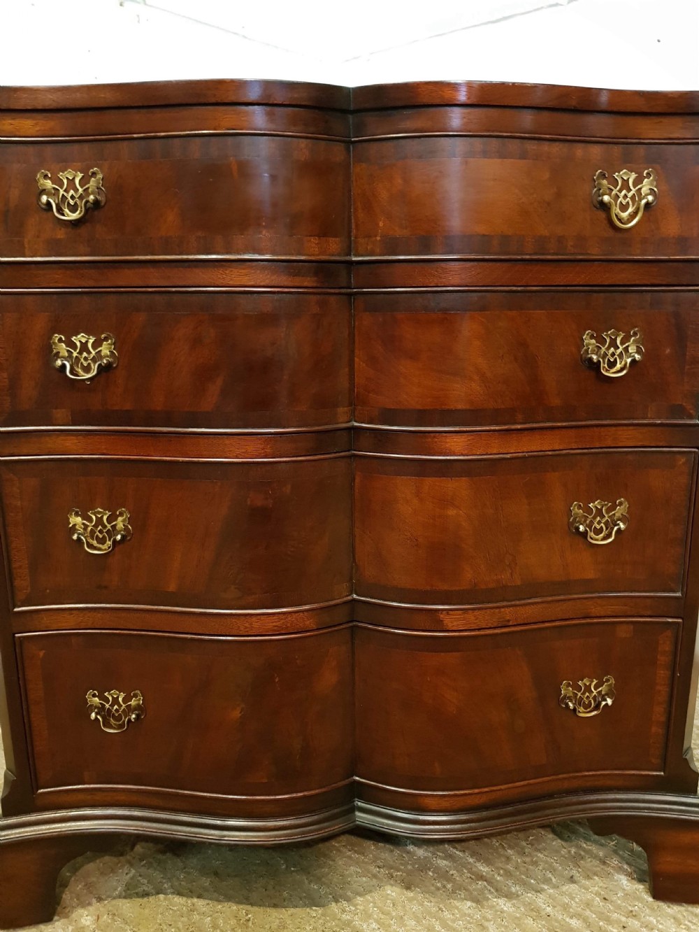 ANTIQUE FLAMED MAHOGANY SERPENTINE CHEST OF DRAWERS C1920 View IV