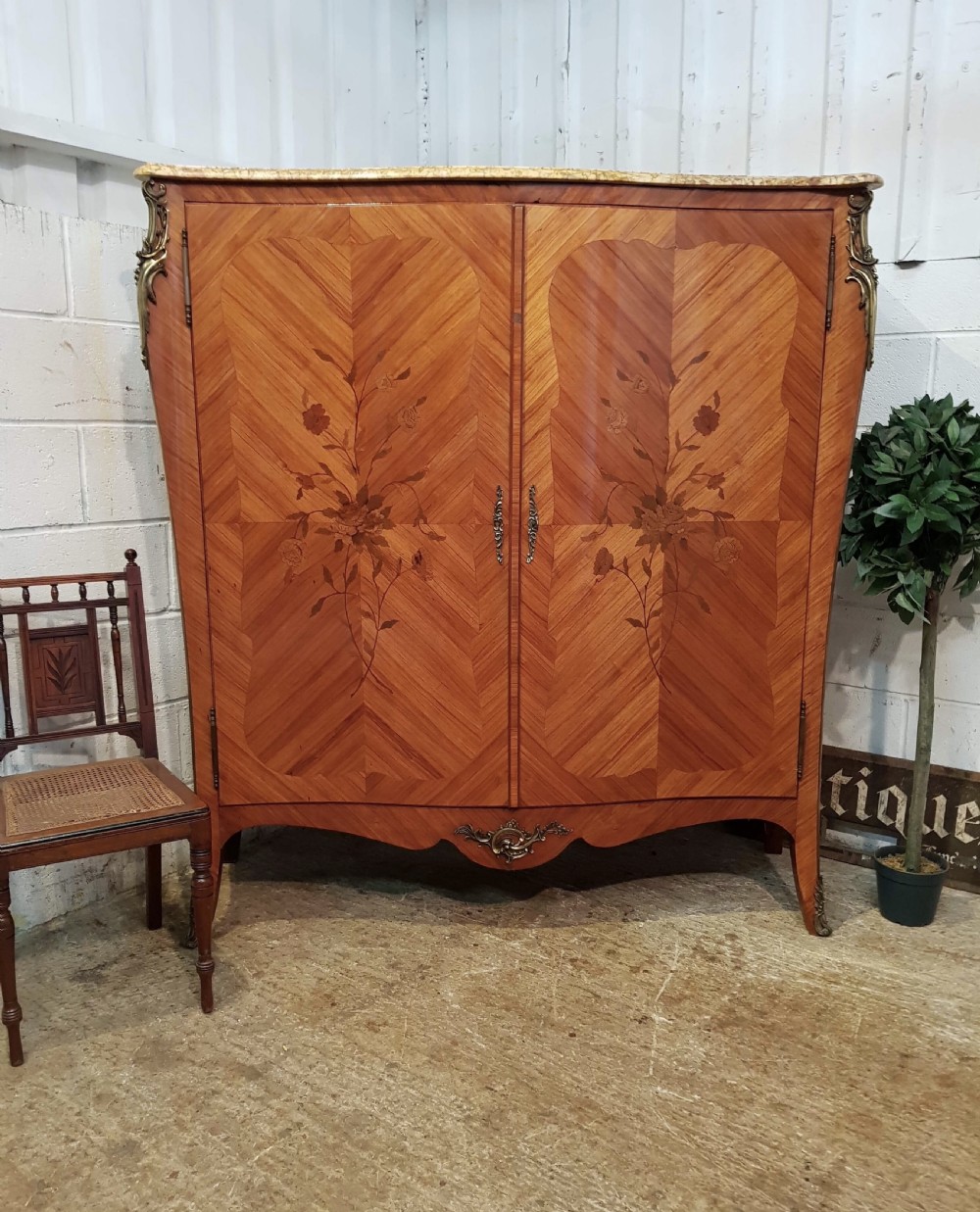 ANTIQUE FRENCH PARQUETRY DECORATIVE  MARBLE TOPPED CABINET C1920 View V