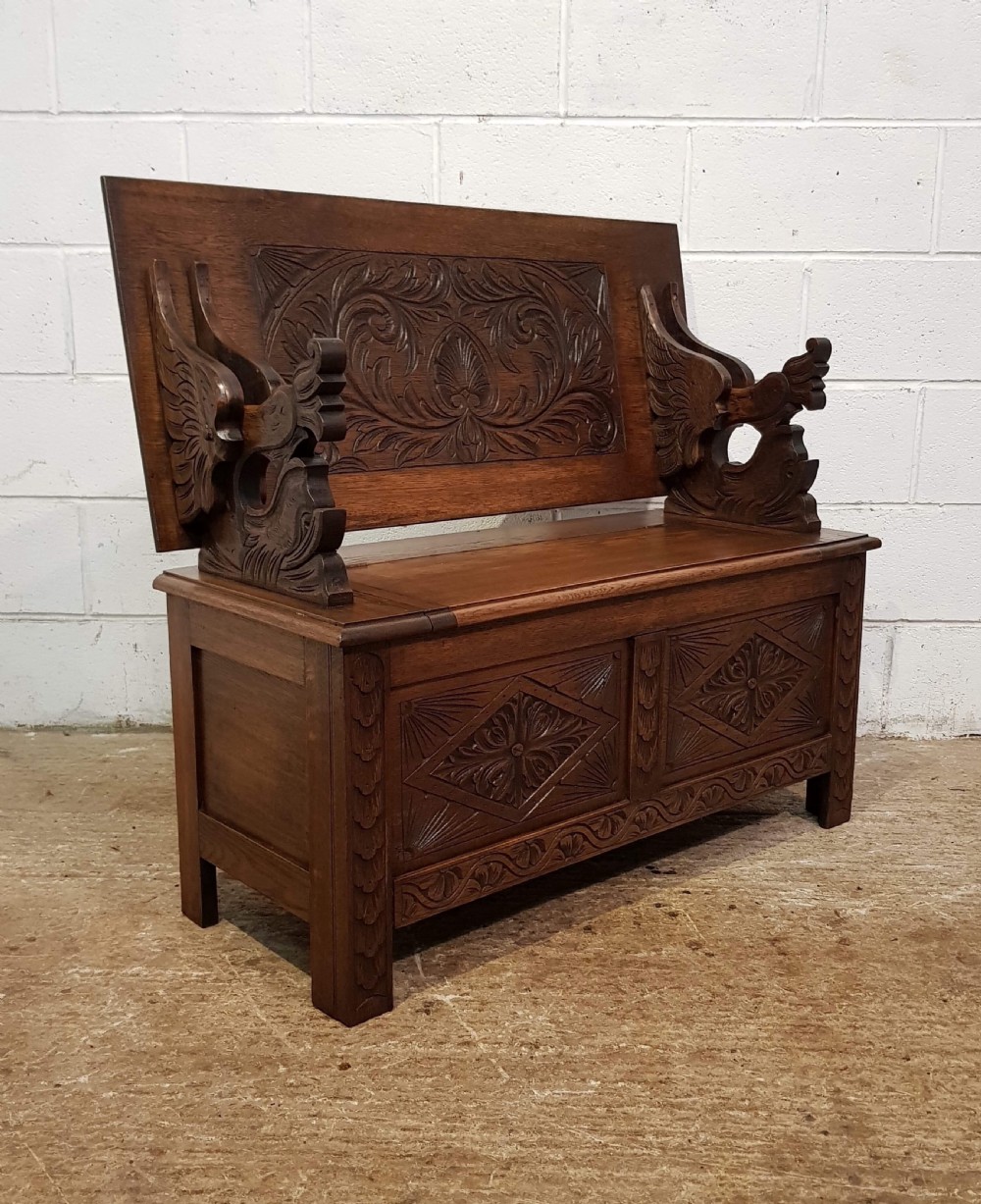 ANTIQUE CARVED OAK FOLDING MONKS BENCH C1920 View II