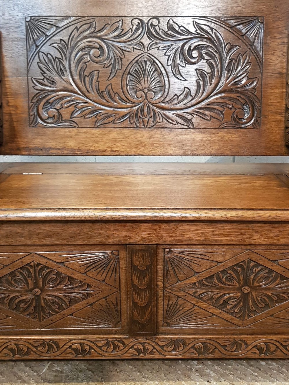ANTIQUE CARVED OAK FOLDING MONKS BENCH C1920 View IV