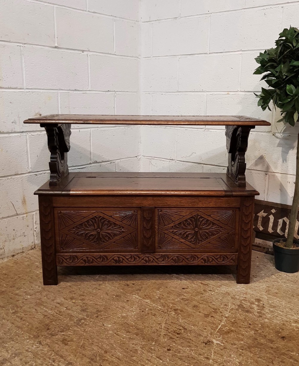 ANTIQUE CARVED OAK FOLDING MONKS BENCH C1920 View V