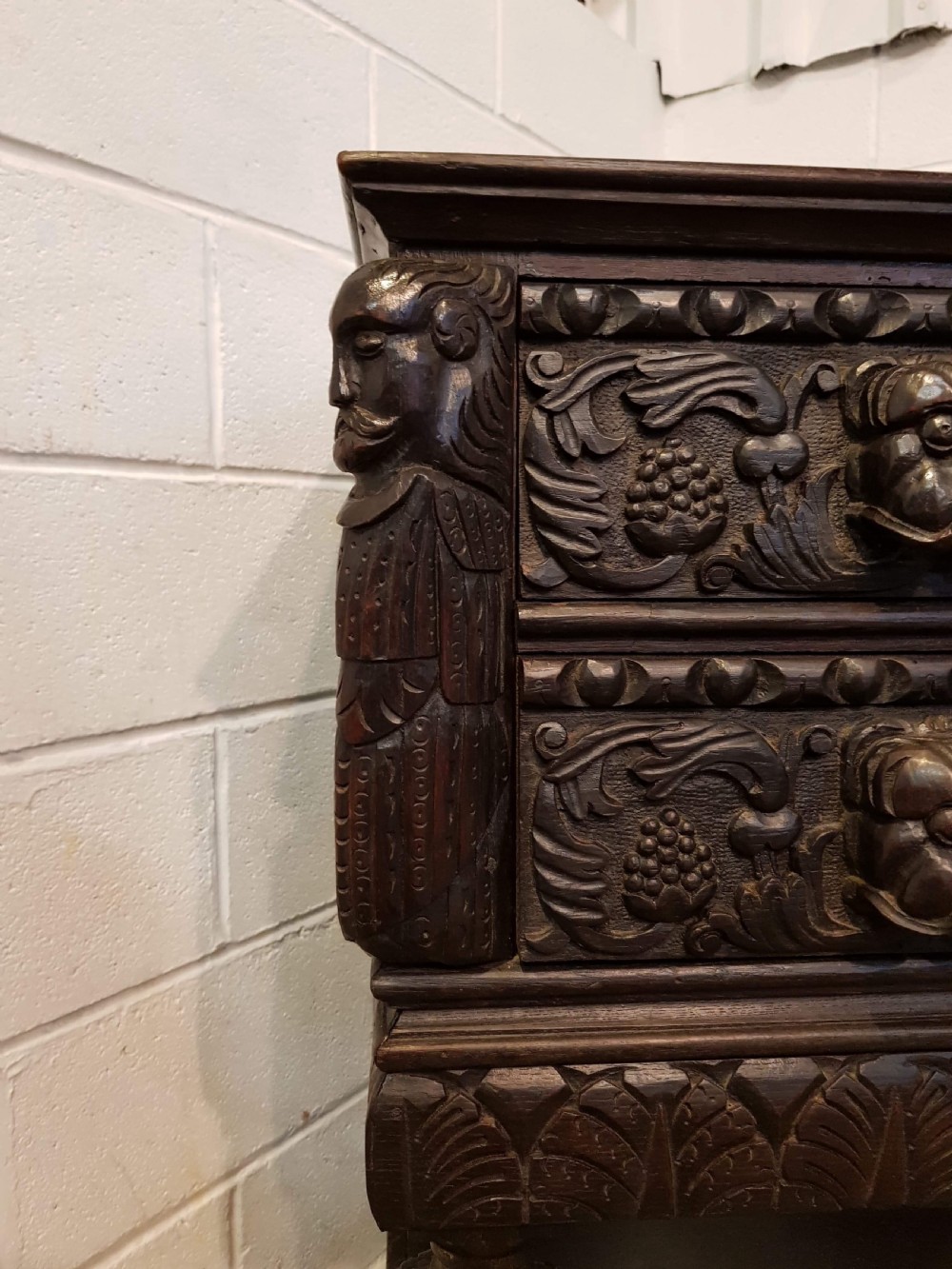 ANTIQUE MID 18TH CENTURY PERIOD CARVED OAK CHEST ON STAND C1740 View II
