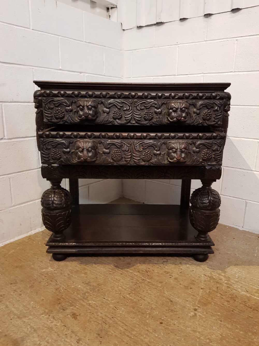 ANTIQUE MID 18TH CENTURY PERIOD CARVED OAK CHEST ON STAND C1740 View III