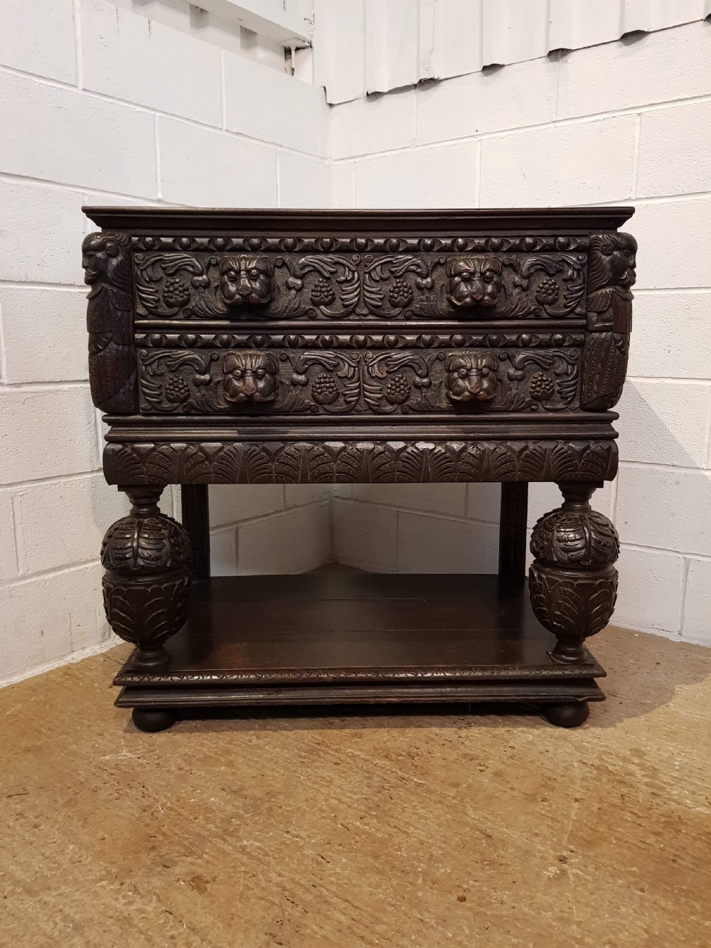 ANTIQUE MID 18TH CENTURY PERIOD CARVED OAK CHEST ON STAND C1740 View V