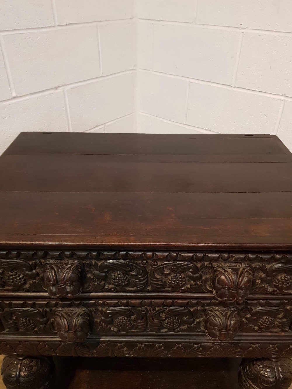 ANTIQUE MID 18TH CENTURY PERIOD CARVED OAK CHEST ON STAND C1740 View VI