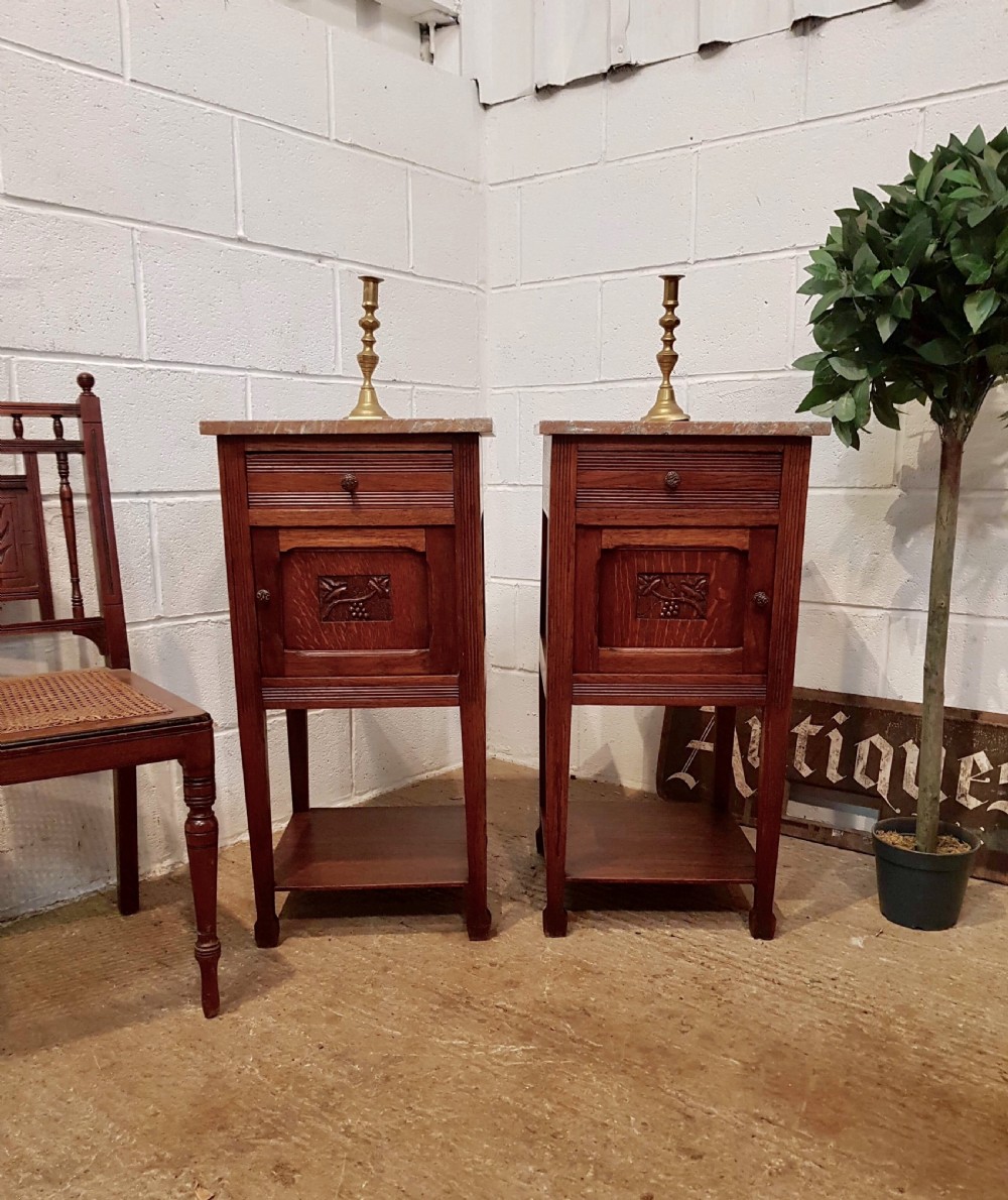ANTIQUE PAIR FRENCH 19TH CENTURY MARBLE TOPPED OAK BEDSIDE CABINETS C1880