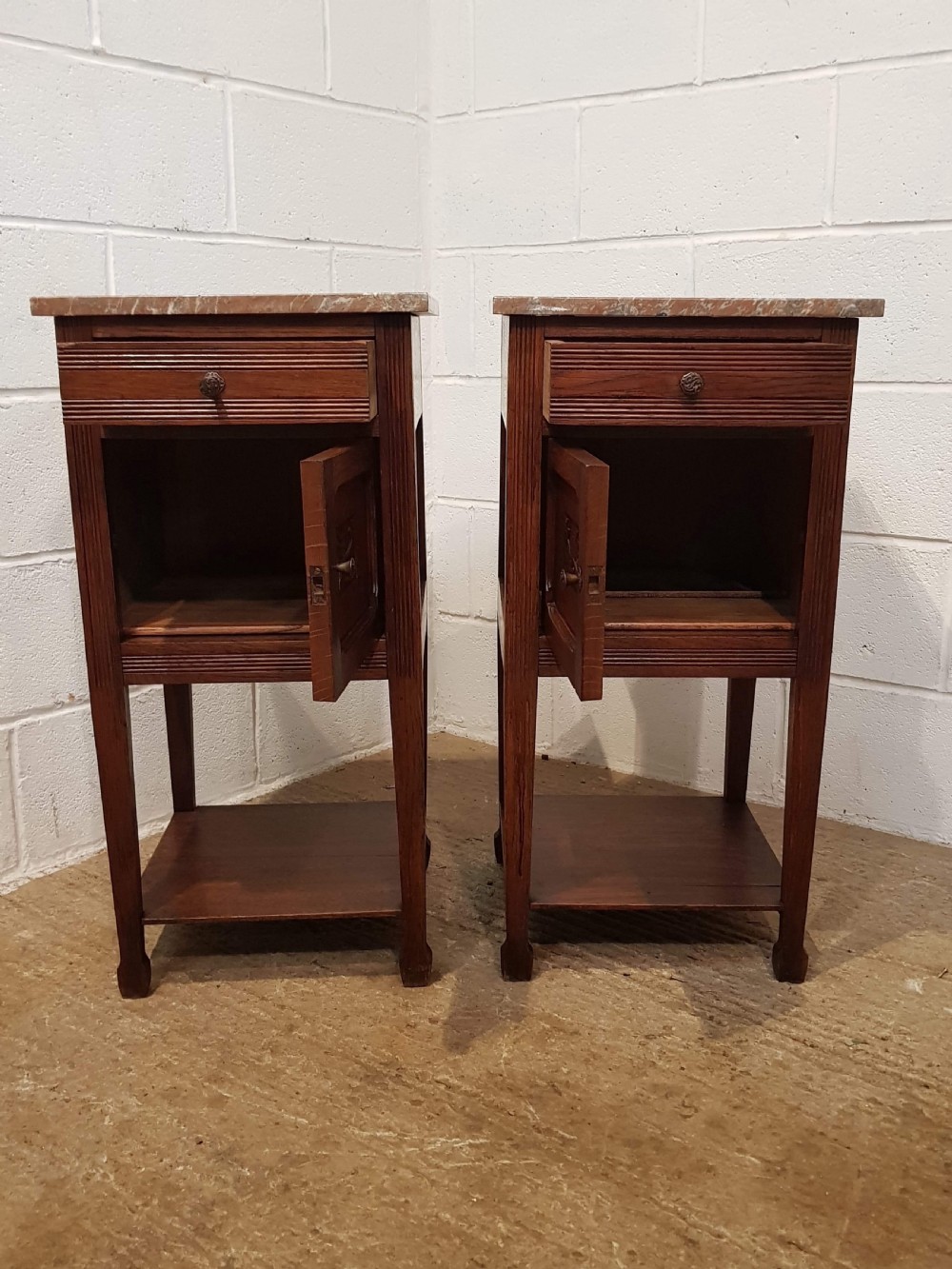 ANTIQUE PAIR FRENCH 19TH CENTURY MARBLE TOPPED OAK BEDSIDE CABINETS C1880 View III