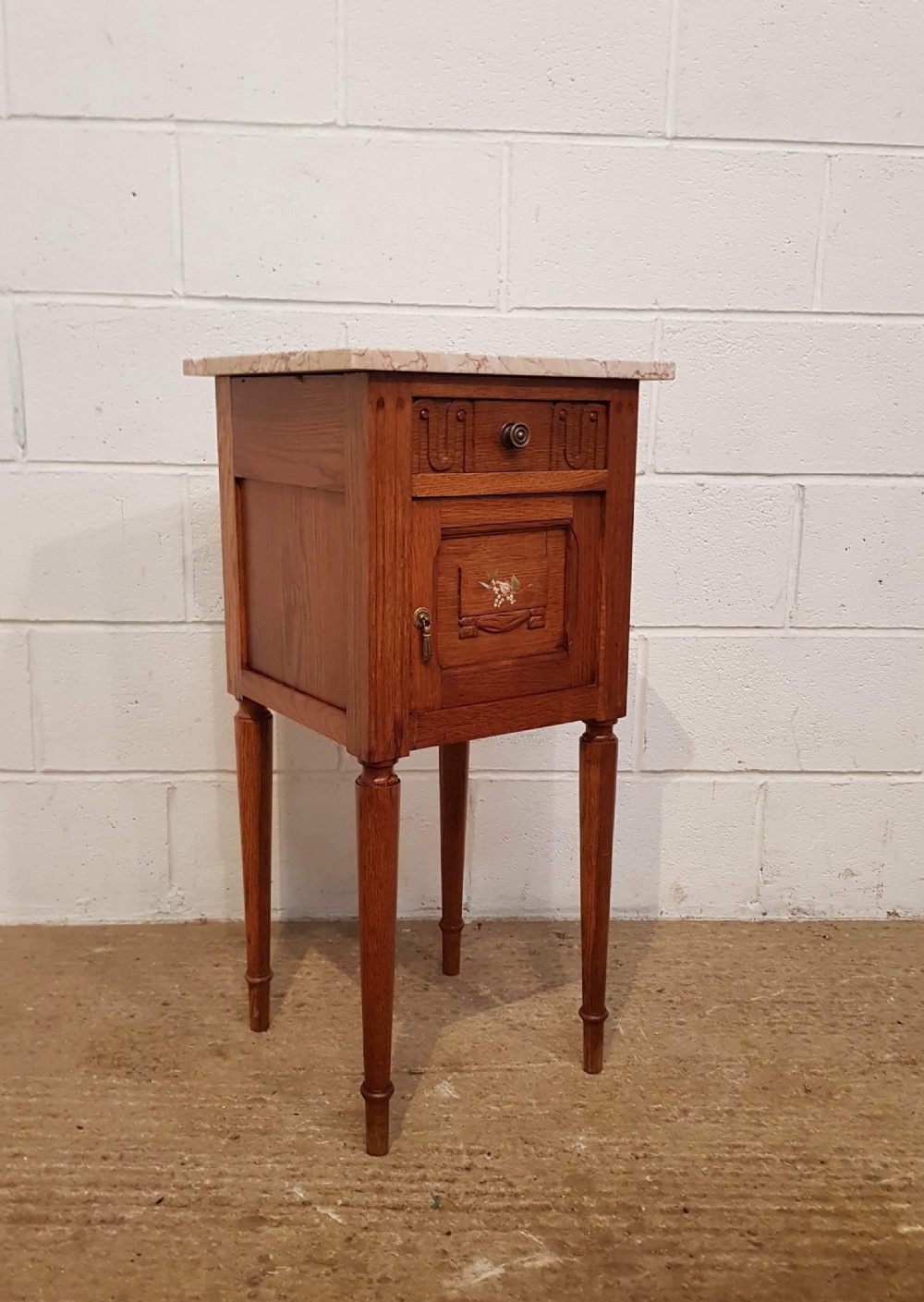 ANTIQUE PAIR FRENCH MEDIUM OAK MARBLE TOPPED BEDSIDE CABINETS C1920 View III