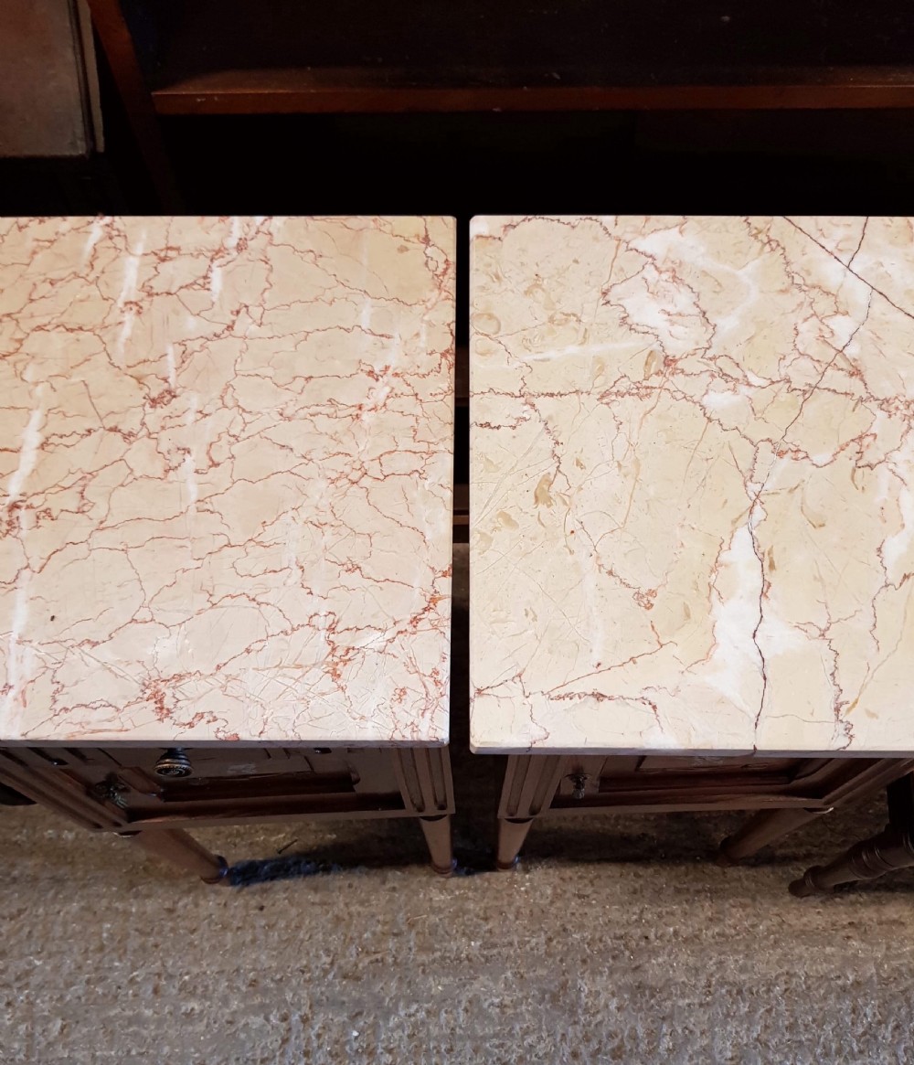 ANTIQUE PAIR FRENCH MEDIUM OAK MARBLE TOPPED BEDSIDE CABINETS C1920 View V