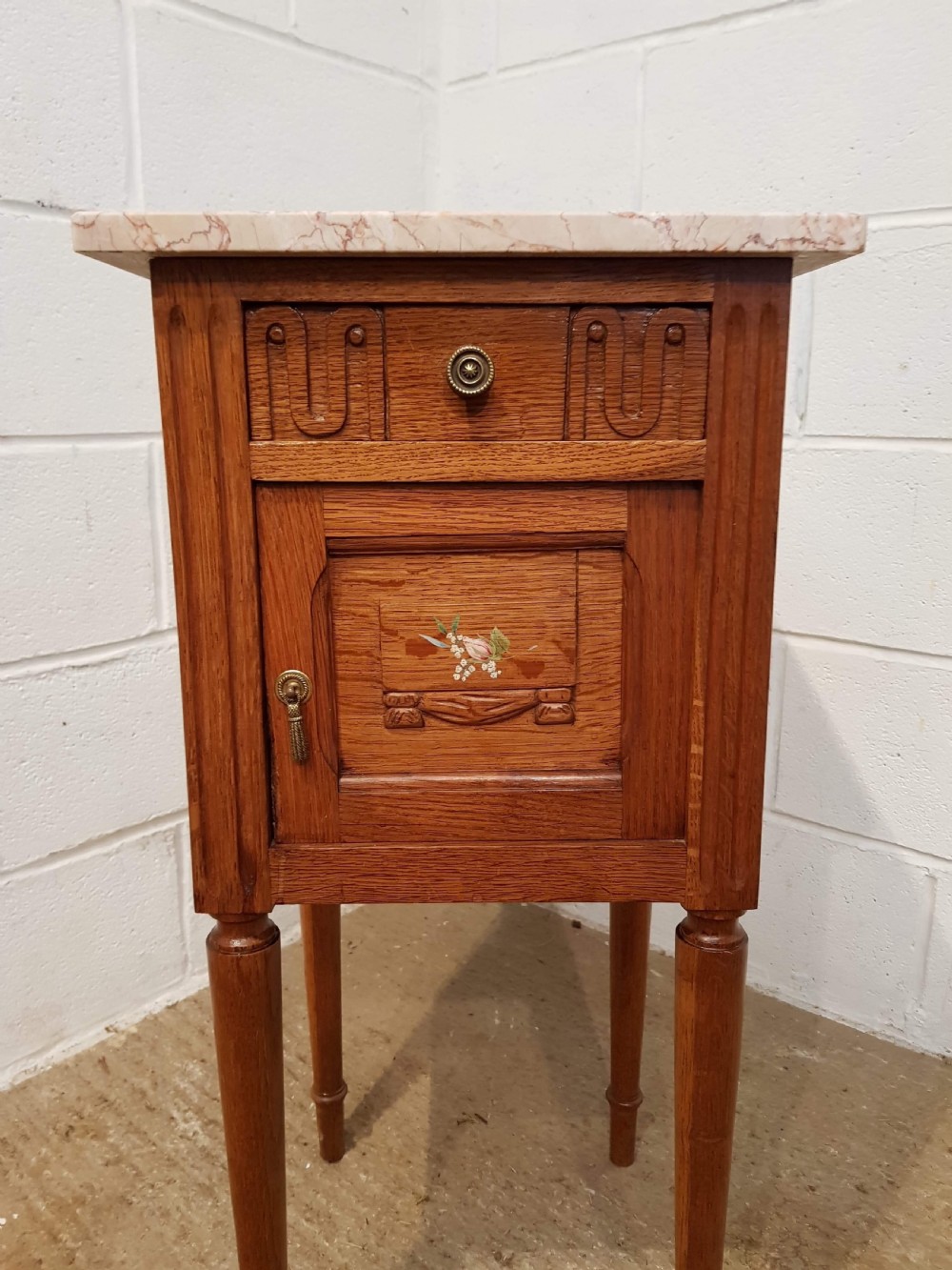 ANTIQUE PAIR FRENCH MEDIUM OAK MARBLE TOPPED BEDSIDE CABINETS C1920 View VI