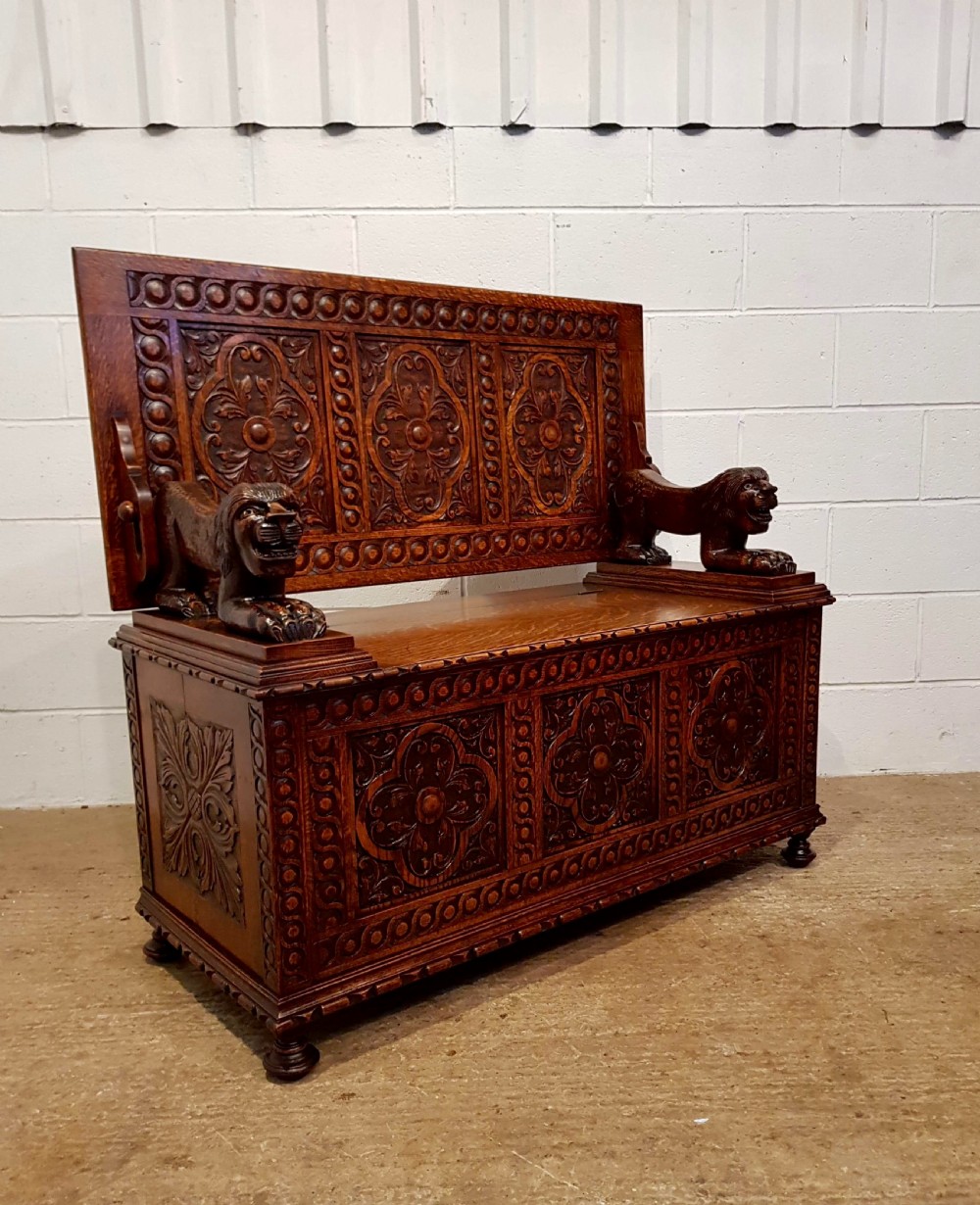 ANTIQUE LATE VICTORIAN CARVED OAK MONKS BOX BENCH C1890