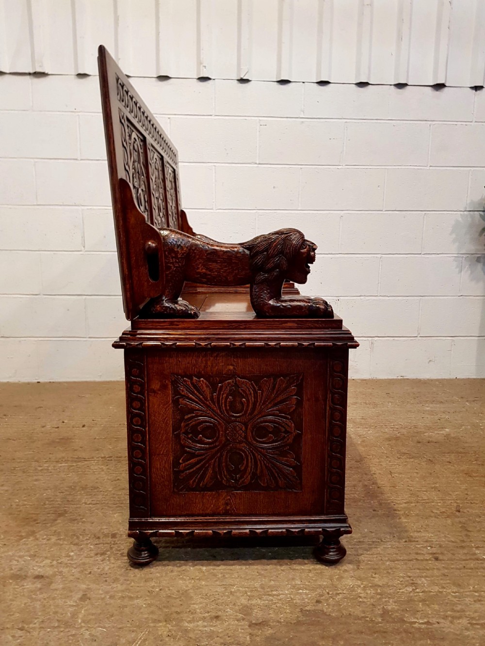 ANTIQUE LATE VICTORIAN CARVED OAK MONKS BOX BENCH C1890 View IV